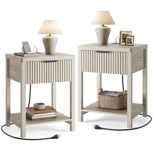 Lulive 2-Pack Fluted Nightstands with Charging Station, Modern Wood Bedside Tables with Storage Drawer for Bedroom, Space-Saving End Tables White Oak