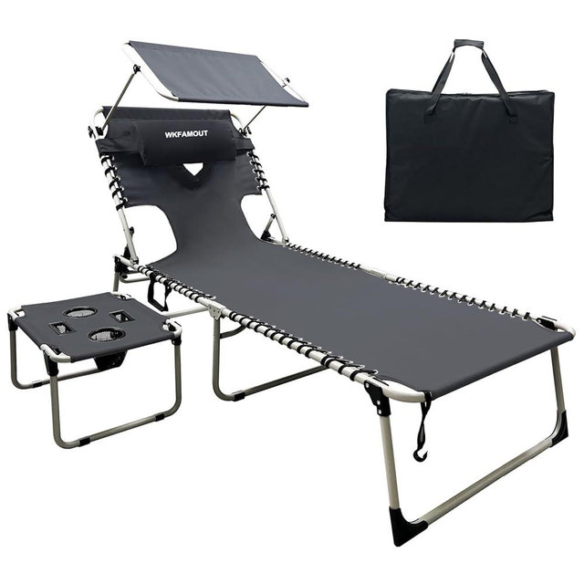 WKFAMOUT Outdoor Tanning Chair with Sun Canopy Shade & Face Hole, Folding Lounge Chair with Beach Table and Carry Bag for Poolside Sunbathing Lawn