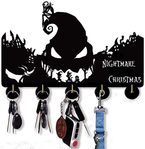 QianZhou-Uk Nightmare Christmas Key Holder for Wall, Jack Decor Gifts Key Hooks for Wall Decorative with 5 Hooks Black Wood Key Organizer Rack Hanger for Entryway,Front Door,Hallway,Kitchen(F)