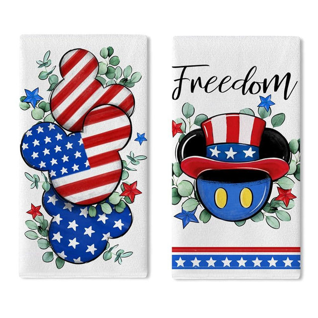 YMCAFZ 4th of July Patriotic Kitchen Dish Towels Set of 2, America Freedom Stars Stripes Hand Towels Drying Baking Cooking Cloth, American USA Leaves Home Kitchen Decor 18x26 Inch