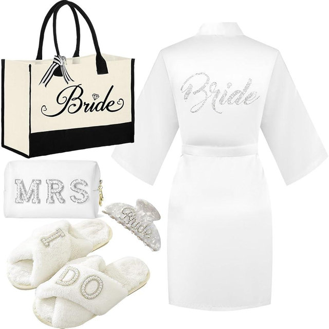 Tkifoda Bride To Be Gift Set - Makeup Bag, Slippers, Robe, Hair Clip - Wedding Gifts