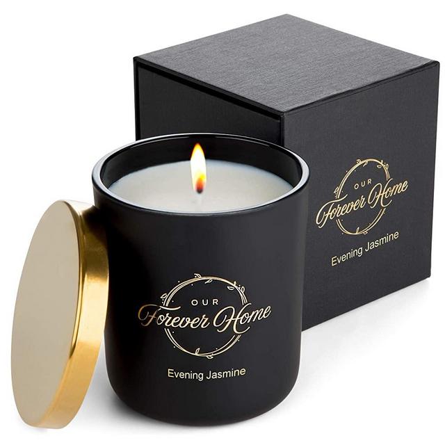 Our Forever Home Soy Jar Candle - 100% Natural Wax with Sweet Jasmine & Sandalwood Fragrance, 10 oz - Luxury Scented Candles in Matte Black Glass Jar