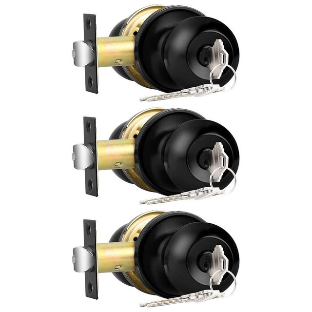 Probrico Keyed Alike Entry Door Knobs Black, Keyed Entry Locksets, Round Interior Door Knobs with Lock and Keys,3 Pack