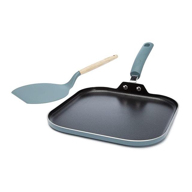 Goodful Aluminum Non-Stick Square Griddle Pan/Flat Grill, Made Without PFOA, with Nylon Pancake Turner, Dishwasher Safe Cookware, 11" x 11", Turquoise