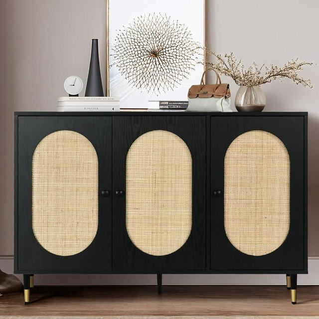 REVOMINCA Rattan Buffet Cabinet, Rattan 3 Doors Buffet Cabinet with Storage, 47'' Sideboard with Adjustable Shelf for Kitchen, Dining Living Room, Black