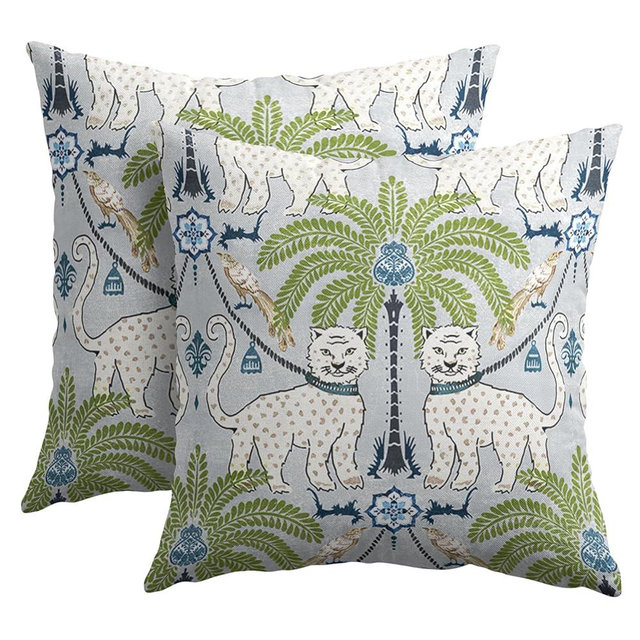 Animal Print Leopard Tropical Tree Pillow Covers 20X20 Inch Set of 2 Vintage Asian Bird Decorative Pillow Cases Green White Grey Cotton Linen Cushion Case Farmhouse Home Decor For Sofa Couch Bed