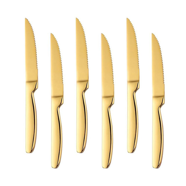 BYEGOU Gold Steak Knives Set of 6, Stainless Steel Serrated Kitchen Knife Set, Heavy Duty Dinner Knives for Cutting Meat, Beef, 8.6 Inch, Dishwasher Safe
