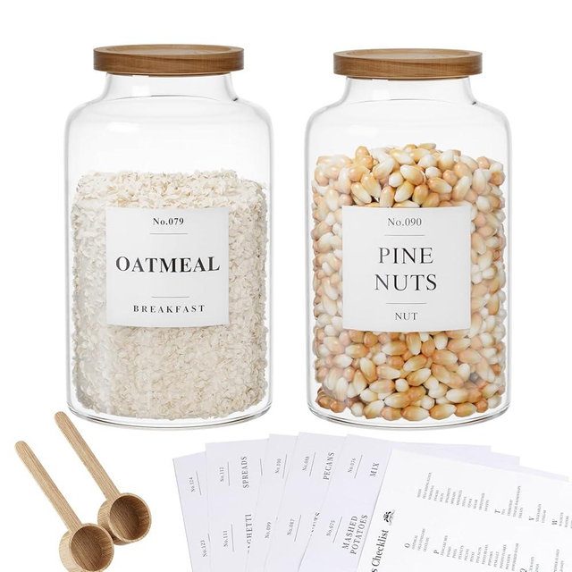 2 PCS Flour Sugar Storage Containers Glass, Large Glass Food Storage Jars with Wood Airtight Lids, 132 Pantry Labels and 2 spoon for Coffee, Flour, Sugar, Spice (98 oz/2800 ml)