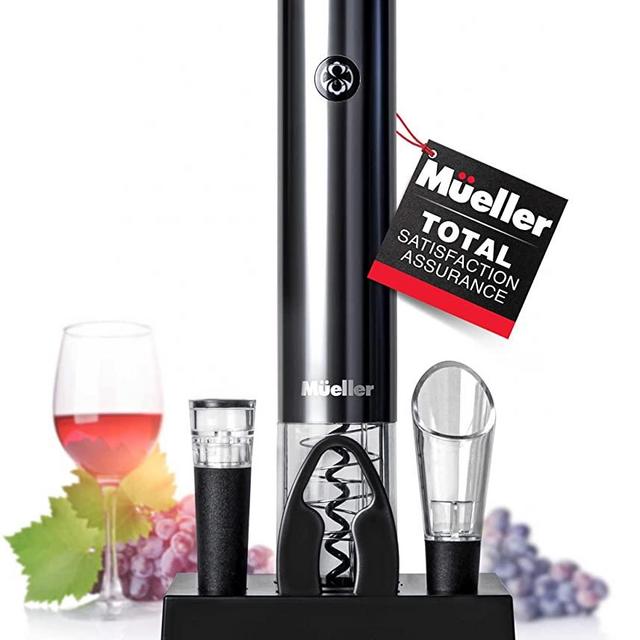 Mueller Electric Wine Opener Set - Rechargeable Batteries and USB Charging Cable - Electric Corkscrew Opener with Foil Cutter, Wine Pourer, Vacuum Stopper (Batteries Included)