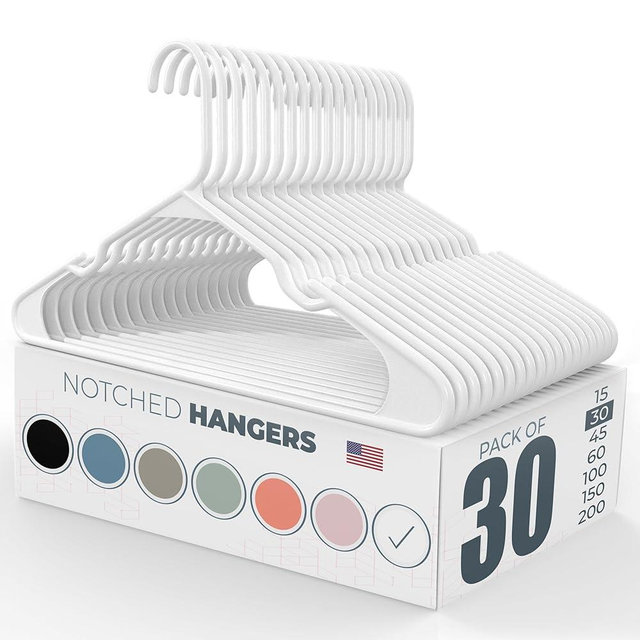 Neaties Plastic Hangers 30 Pack – Made in The USA – 6lb Capacity Standard Clothes Hangers with Notches and Reinforced Edges for Dresses, Lingerie, Shirts, Pants, and Jackets – White