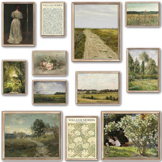 LANCHI95 12 Pcs Vintage Wall Art Prints, Vintage Prints for Wall Decor, French Country Decor, Countryside Landscape Painting Spring Pictures, Eclectic French Country Botanical Painting (UNFRAMED)