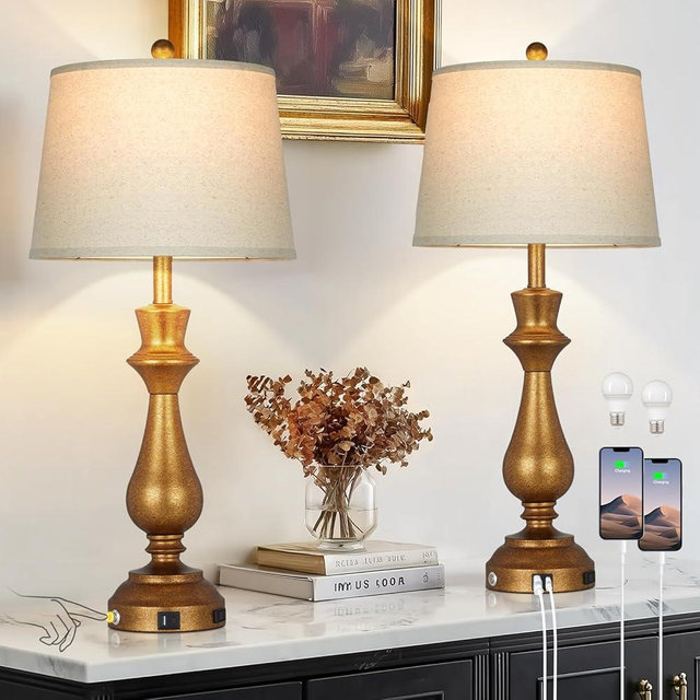 luxeflow Retro Gold Table Lamps Set of 2 for Living Room,30" Tall Bedside Lamp with USB Charging Port,3-Way Dimmable Touch Nightstand Lamp for Bedroom Desk Side Table Office,Copper Gold