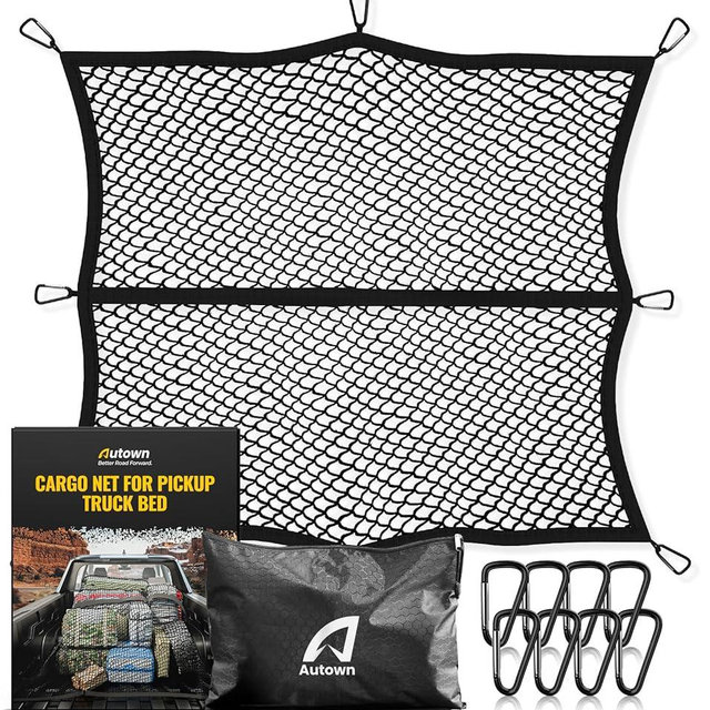 AUTOWN Cargo Net for Pickup Truck Bed - Stretchable 4'x4' to 7'x7', High Elastic Fine Mesh 1''x1'' with 8 Metal Carabiners - Ideal for ATV, SUV, UTV, Truck and Boat Use (Single Layer)