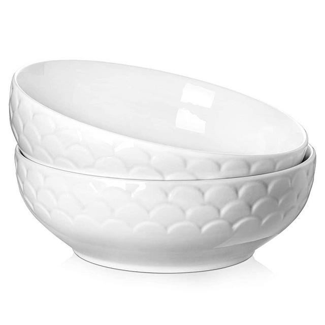 DOWAN 9.5" White Serving Bowls, 2.5 Quart Large Salad Pasta Serving Bowls, Porcelain Mixing Bowl Set, Sturdy and Stackable, Microwave & Dishwasher Safe Bowl for Family Kitchen, Big Bowls, Set of 2