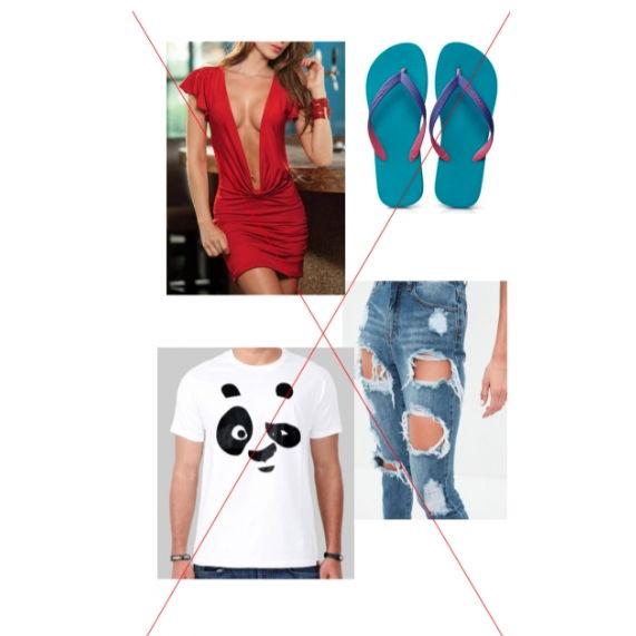Absolutely no tee shirts, flip flops, ripped jeans or low cut outfits