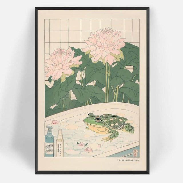 Bathroom Green Animal Frog Canvas Posters Japanese Frog In Bathtub Wall Art Japan Art Neutral Minimalist Aesthetic Prints Painting For Living Room Bedroom Wall Decor 12x16in Framed