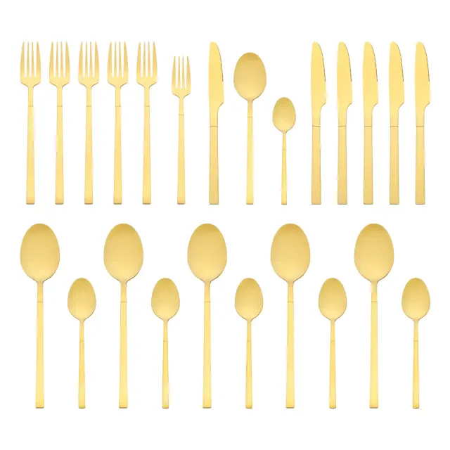 REGALWOVEN 24 Piece Stainless Steel Mirror Polished Flatware Set Silverware Set for 6 Gold