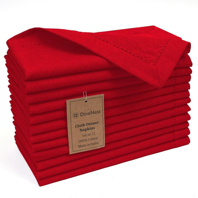 DineNest Hemstitch Cloth Dinner Napkins 100% Cotton Set of 12 - for Dining Special Occasions Weddings Parties Holidays Easter - Soft Durable Reusable - Elegant 18x18 Inch Table Cloth Napkins Red