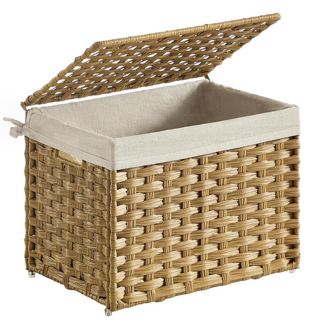SONGMICS Storage Basket with Lid, Woven Blanket Storage Bin with Handles, Foldable, Removable Liner, Metal Frame, for Bedroom, Laundry Room, 9.2 Gallons (35 L), Natural URST040YE01
