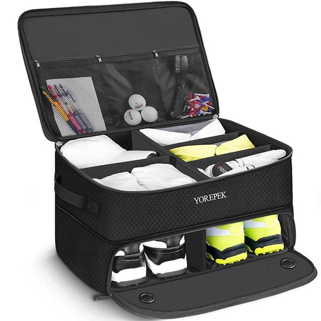 2 Layer Golf Trunk Organizer, Waterproof Car Golf Locker with Separate Ventilated Compartment for 2 Pair Shoes, Durable Golf Trunk Storage with 5 Dividers for Balls, Tees, Clothes, Gloves, Accessories