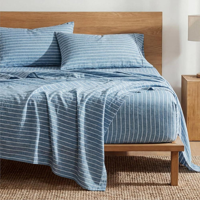 Bedsure Striped Sheets King Size - Fits Mattresses Up to 16" Deep - 4 Piece Breathable Bed Sheets, Imitation Cotton Textured Jacquard Bedding Sheet Set, Dobby Stripe Bedsheet & Pillowcases，Dark Blue