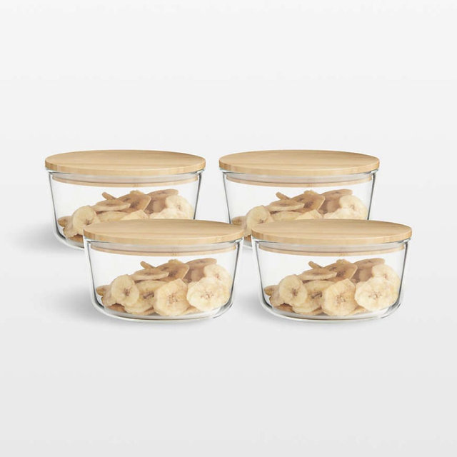 Crate & Barrel Round Glass Storage Container with Bamboo Lid, 4-cup, Set of 4