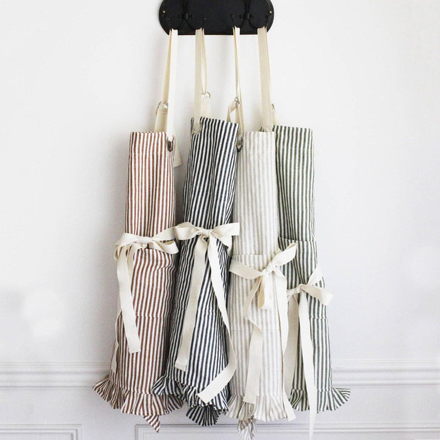 Ruffle Pin Stripe Apron | Adjustable Neck Strap | Cotton Linen Blend, Front Pocket | 30x28 Inches | Tan, Rust, Green, Black