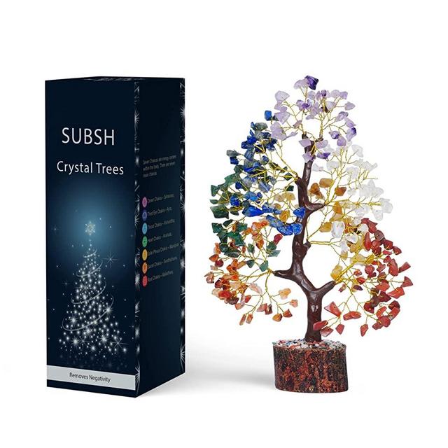 Seven Chakra Natural Healing Gemstone Crystal Bonsai Fortune Money Tree for Good Luck, Wealth & Prosperity Home Office Kitchen Décor Spiritual Gift (Golden Wire and 300 Beads) Size 10-12 Inches