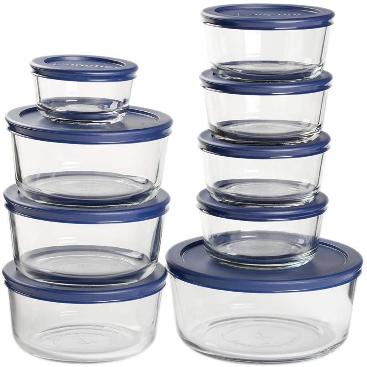 Anchor Hocking 18 Piece Round Glass Food Storage Navy BPA-Free SnugFit Lids, Space Saving Meal Prep Containers