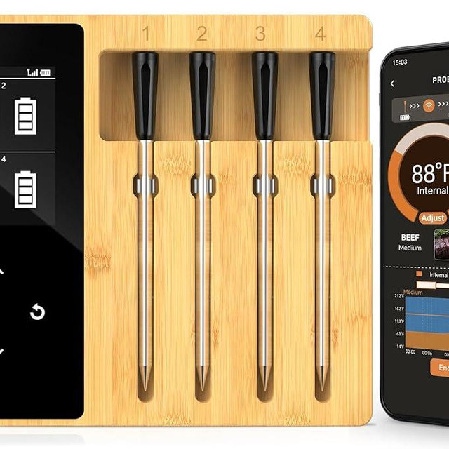 Accurate Smart Wireless Meat Thermometer - 4 Probes, Long Range Bluetooth, Real-time Alerts, Dishwasher Clean, Waterproof, Digital Cooking Thermometer for Grill, BBQ, Oven, Smoker