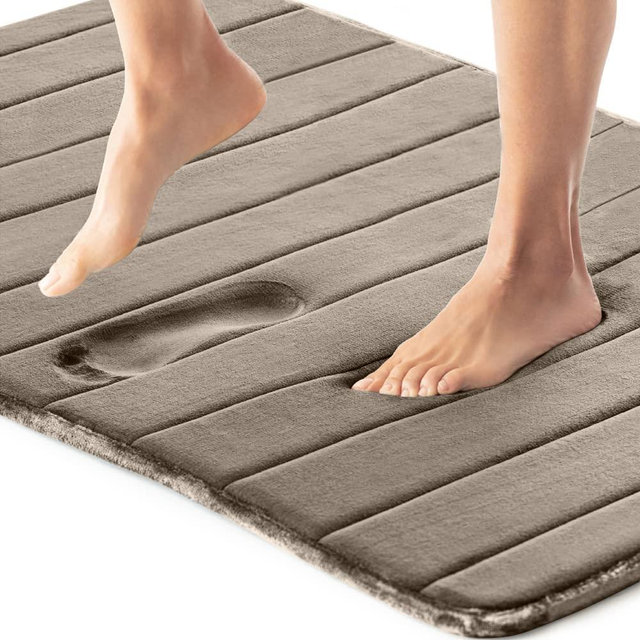 Gorilla Grip Thick Striped Memory Foam Bath Rugs, Soft Absorbent Velvet Bathroom Mats, Dots on Underside, Machine Washable Bathmat, Carpet Rug Room Décor for Shower Floor, 36x24 Mat, Taupe