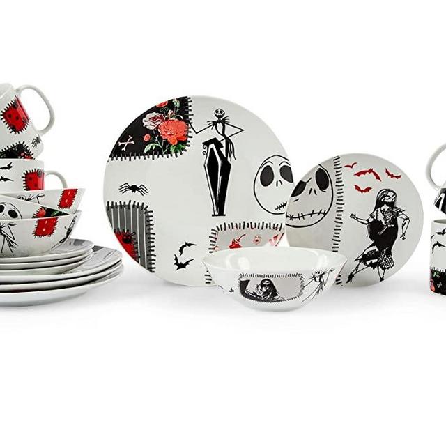 The Nightmare Before Christmas Patched Up 16-Piece Ceramic Dinnerware Set | Official Disney Kitchen Accessories with Jack and Sally | Dinner and Salad Plates, Soup Bowls, Mugs | Place Setting for 4