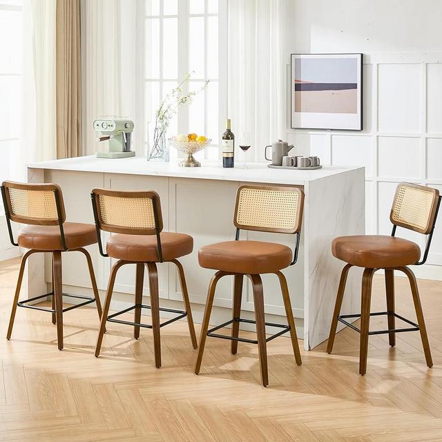 Arvasslia Swivel Bar Stools Set of 4, 26" Upholstered Counter Height Bar Stools with Back and Walnut Wood Legs, Faux Leather Barstools for Kitchen Counter, Rattan Brown