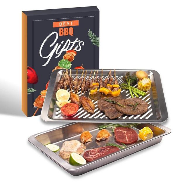 Grilling Prep and Serve Trays,Set of 2 Stackable, Stainless Steel BBQ Trays, Marinating Tray, Serving Platter for Plating Food & BBQ Prep Tub for Marinating Meats, Grill Accessories.