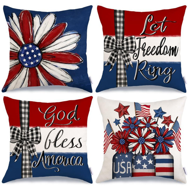 GEEORY 4th of July Pillow Covers 18x18 Inch Set of 4, God Bless America Let Freedom Ring Stars Floral Mason Jar Decorative Throw Pillows Patriotic Decorations Independence Day Decor for Home G703-18