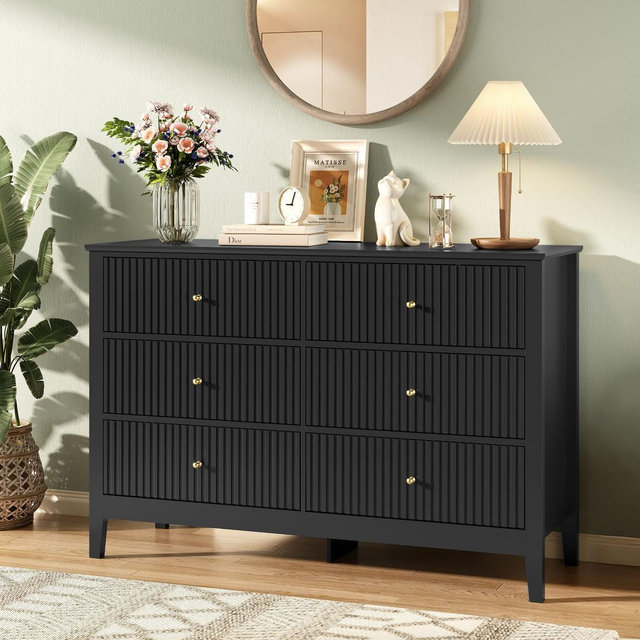 47" Wood Dresser for Bedroom, 6 Drawers Mondern Fluted Chest of Drawers with Storage, Black