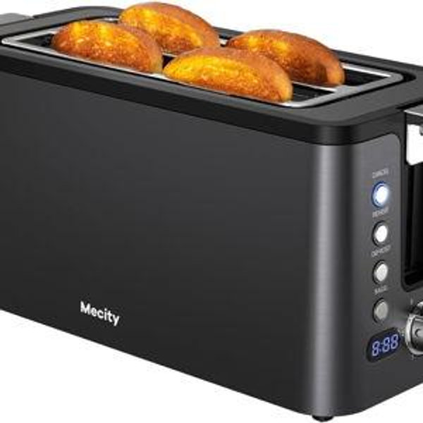4 Slice Toaster, Long Slot Toaster with Timer, Bagel, Defrost, Reheat, Cancel Functions, Warming Rack, Removable Tray, 6 Browning Settings, Extra Wide Slots, Stainless Steel, 1300W