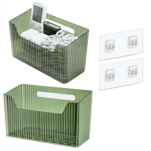 Set Of 2 Storage Organizer Bins Wall Mounted Organizer Basket, Shower Caddy Stackable Clear Plastic Makeup Organizer Adhesive Hanging Bin for Bathroom, Kitchen, Cabinet, Pantry, BPA Free, Large, Green