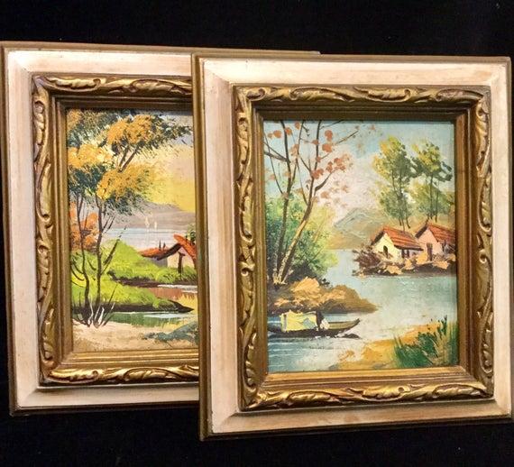 Original Oil Painting Landscape Pair Asian Island Scenic Chinese Seascape Framed Wall Decor Small 6 x 7 Inches Vintage Mid Century 2 Piece