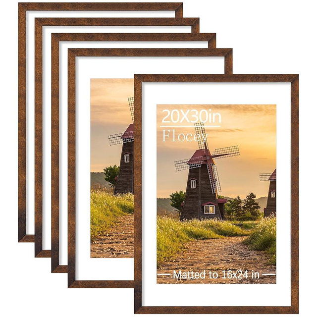 Flocey 20x30 Picture Frame Set of 5, Rustic Brown Poster Frame, Display Pictures 16 x 24 with Mat or 20 x 30 Without Mat for Horizontal or Vertical Wall Mounting, Wall Gallery Frame