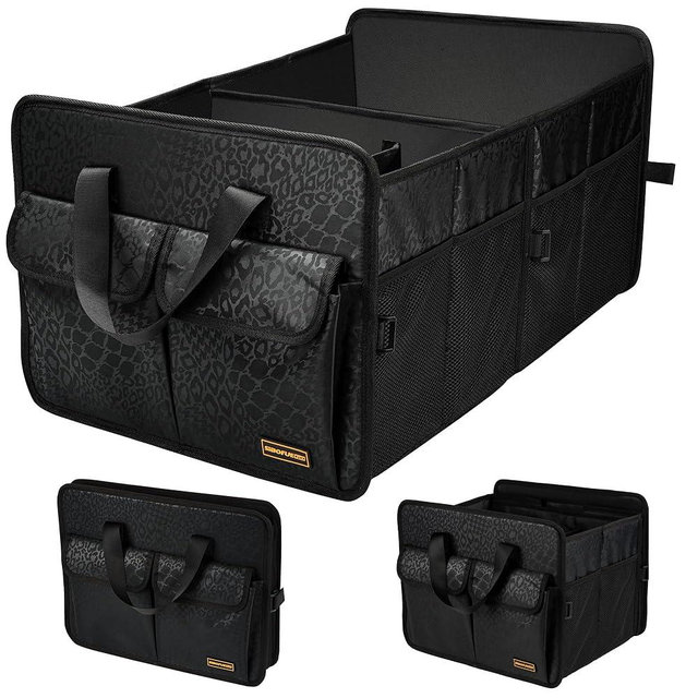 SIBOFUEGO Sturdy Car Trunk Organizer for SUV - Large Capacity Car Organizer, Cute Print, Collapsible & Durable Storage for Accessories, 70L (Black Leopard)