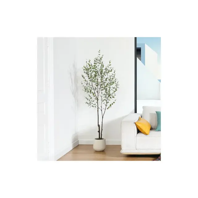 DR.Planzen 6FT Faux Eucalyptus Tree with Oval White Planter, Pre Potted Artificial Eucalyptus Plant for Home Decor