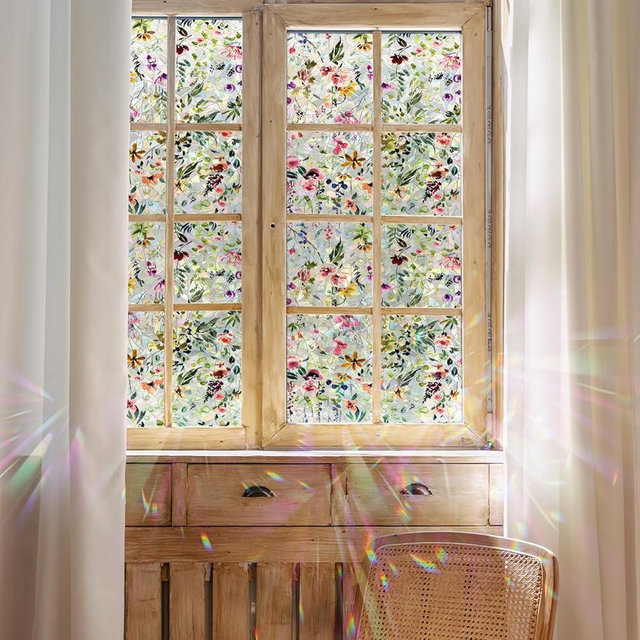 Flortlias Rainbow Suncatcher Floral Window Film, Privacy Iridescent Static Cling Double-Sided Decals for Window Door Glass Decor, Spring Colorful Flower, 118.11" x 16.93"