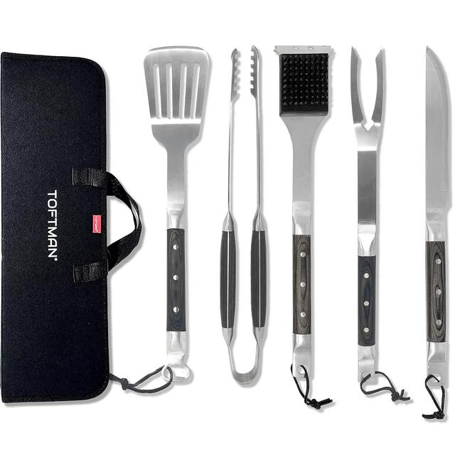 TOFTMAN 5-Piece Grill Set, Stainless-Steel Spatula, Fork, and Tongs with Extra-Long Handles for Safe, Easy Flipping and Turning, Grilling Gift Kit, BBQ Grill Accessories for Serious Grill Masters