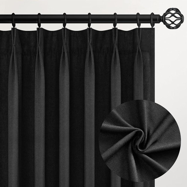 Topfinel Black Pinch Pleated Linen Curtains 84 Inch Length 2 Panels for Bedroom Living Room Textured Cream Semi Sheer Window Curtain Boho Back Tab Pinch Pleat Drape with Hooks 84 Inches Long