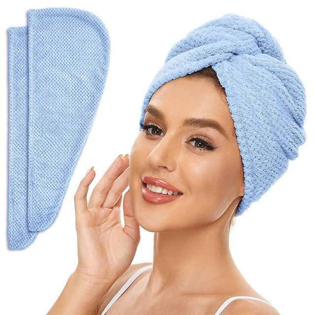 Microfiber Hair Towel for All Hair Style, 2 Pack Quick Drying Hair Turban - Perfect for Women, Men and Kids (Blue)