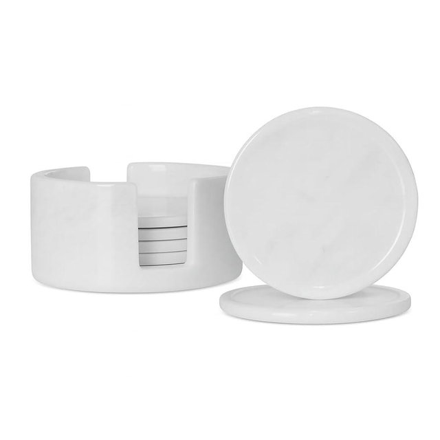 Handmade Marble Coasters Set of 6 with Holder |4 Inch Round Stone Drink Coasters for Coffee Table, Dining & Kitchen Decor Elegant White Coaster Set for Home & Bar Accessories