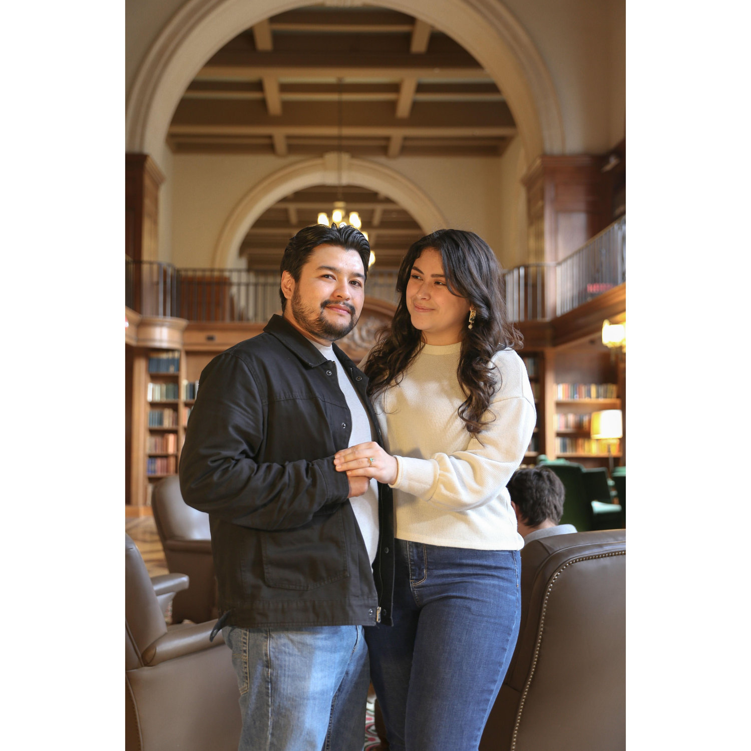 Returning to the campus that brought us together for an engagement photo-shoot. This cozy study space is the tower room; we spent many hours prepping for exams on the nearby seats.
