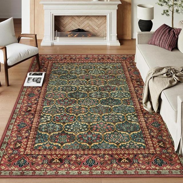 Lahome 8 x 10 Area Rugs for Living Room - Oriental Washable Non-Slip Large Rug Ultra-Thin Stain Resistant Dining Room Rugs for Under Table, Floral Vintage Print Carpet Rugs for Bedroom (Red, 8'x10')