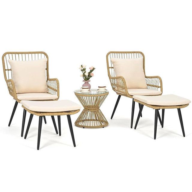Pamapic Outdoor Patio Bistro Set, 5 Piece Rattan Wicker Conversation Chair, Outdoor Furniture with Ottoman,Balcony Conversation Sets for Yard Garden Porch Backyard Poolside, Beige